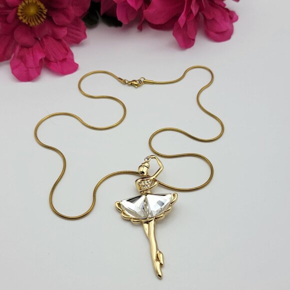 Gold Plated Clear Crystal And Rhinestones Ballerina Dancer Pendant Necklace 23" - Picture 1 of 5